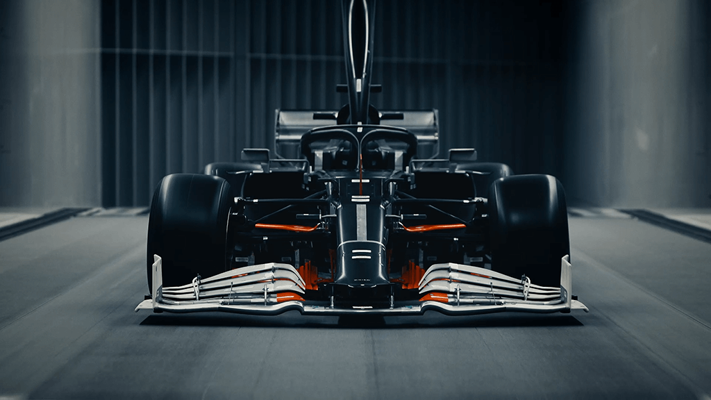 Front view of F1 racecar in wind tunnel